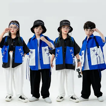 Новые детские наряды в стиле Kpop, одежда в стиле хип-хоп, Свободная хлопчатобумажная рубашка, уличная одежда, штаны для бега трусцой, Летние костюмы для джазовых танцев для мальчиков и девочек от 4 до 16 лет