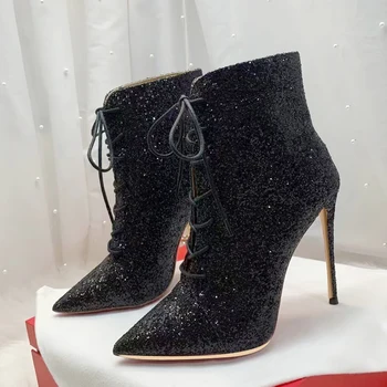 Новые зимние черные ботинки с блестками, женские ботильоны на тонком высоком каблуке с ремешком, Модная Сексуальная Удобная обувь с острым носком