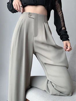 Однотонные широкие брюки, женские брюки с высокой талией и карманом, прямые женские брюки в корейском стиле 2023, повседневные летние универсальные свободные женские брюки