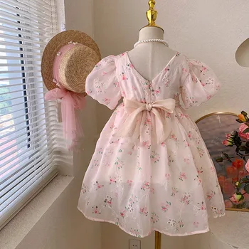 Платье для девочек 2022 Лето, 2-8-летняя девочка, Милое Розовое платье принцессы с цветочным бантом, детские платья для девочек, детское платье, летнее платье