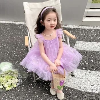 Платье для маленьких девочек 2023, летнее детское праздничное платье на море, платье принцессы с кружевным бантом и аппликацией из вуали, детская одежда 2-8 лет