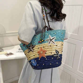 Пляжная сумка с рисунком морской звезды 2023, Соломенная сумка ручной работы, Богемная корзина для покупок большой емкости, женская сумка через плечо