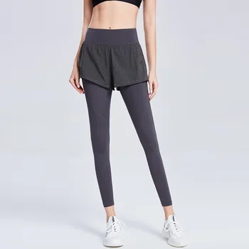 Поддельные штаны для йоги из двух частей, брюки для фитнеса, женская спортивная одежда, эластичные леггинсы для тренировок с высокой талией для бега, фитнеса