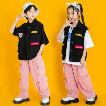 Показ одежды, детская одежда в стиле хип-хоп, куртка, жилет, рубашка, топы, Розовые брюки-карго для девочек, костюм для джазовых танцев для мальчиков, уличная одежда