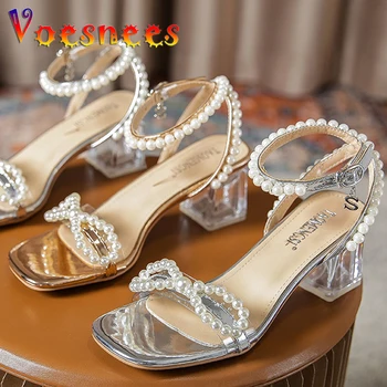 Прозрачные женские туфли на квадратном каблуке в сказочном стиле, летние свадебные туфли на высоком каблуке с жемчугом и бабочкой, милые босоножки из бисера на шнурке