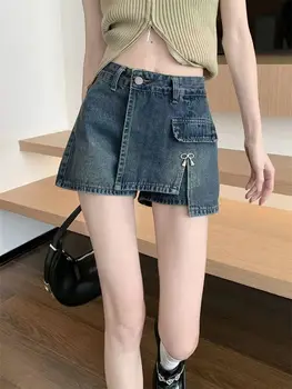 Ретро Синие джинсовые шорты нерегулярной формы, женские летние Корейские шорты Spicy Girl с высокой талией, широкие брюки Pantalones Cortos De Mujer