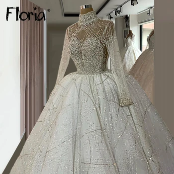 Роскошное свадебное платье с бисером, пышное бальное платье с длинными рукавами, свадебные платья, блестящие вечерние платья для свадьбы, большие размеры