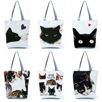Сумка через плечо с рисунком мультяшного черного кота с рисунком животных на заказ Дизайнерские сумки Портативные Тканевые Эко-сумки для покупок многоразового использования