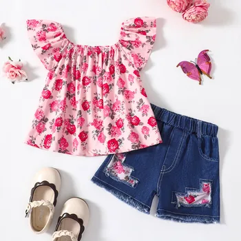 Топы с цветочным принтом для маленьких девочек и джинсовые шорты, повседневный костюм из двух предметов, комплект одежды для маленьких персонажей из 3 предметов