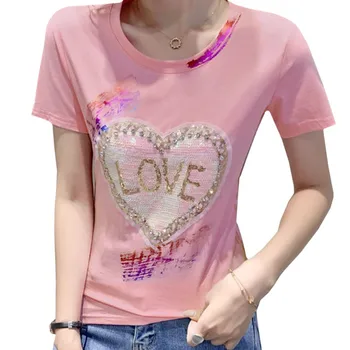 Футболка с ромбовидной надписью Love, летний модный тренд, женская одежда, футболки с рисунком сердца в стиле харадзюку с пайетками, облегающие топы для юных леди