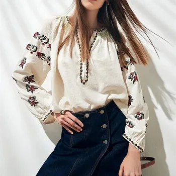 Хлопковая льняная женская рубашка с V-образным вырезом и пуговицами с цветочной вышивкой, Женские богемные блузки с длинным рукавом 2023, Ранняя весна