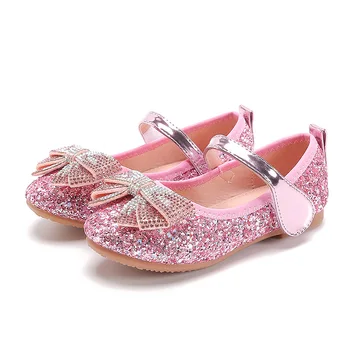 Хрустальные туфли для девочек на свадьбу, детские блестящие туфли со стразами и бабочкой, модные детские кожаные туфли принцессы с блестками