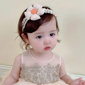 Цветок для волос Корейской маленькой принцессы с кружевом, нейлоновая эластичная повязка на голову, Реквизит для фотосессии для маленьких девочек, Аксессуары для волос, повязки для новорожденных