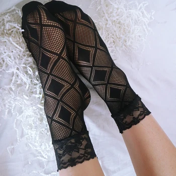 Черные кружевные носки женские Kawaii, вязаные крючком, женские носки в стиле Лолиты, короткие прозрачные носки в сеточку, женские
