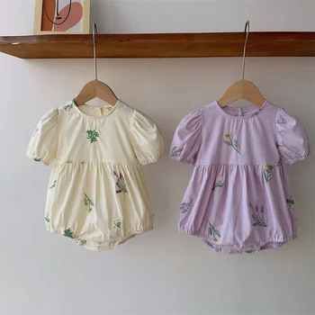 Элегантный комбинезон с цветочной вышивкой для маленьких девочек, цельное боди с короткими рукавами для новорожденных, летняя одежда для маленьких девочек