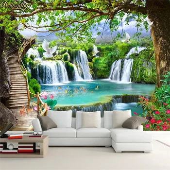 бэйбехан, изготовленное на заказ, зеленое дерево, лесной водопад, современные простые 3D фотообои для гостиной, фон для обоев