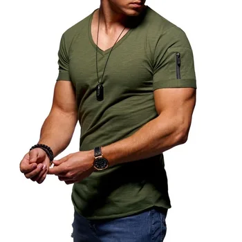 2023 Новая мужская футболка для фитнеса и бодибилдинга с V-образным вырезом, уличный летний повседневный хлопковый топ на молнии с короткими рукавами
