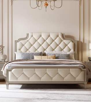 Американская легкая роскошная кожаная кровать, полностью из массива дерева, европейская простая современная двуспальная кровать