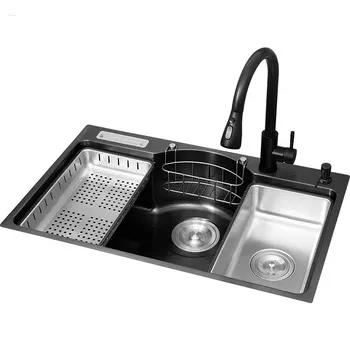 Кухонные раковины из нержавеющей стали, Нано-черная Кухня 304, Большая ступенчатая многофункциональная раковина с одним баком и держателем для ножей, посудомоечная машина