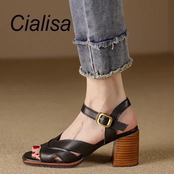 Летние Винтажные женские Босоножки Cialisa, Высококачественная обувь из натуральной кожи, женские сандалии, повседневная обувь ручной работы на высоком каблуке коричневого цвета