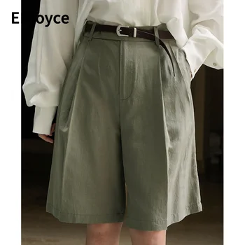 Летние женские винтажные серо-зеленые пятиточечные шорты, офисные женские шорты в Корейском стиле, свободные брюки средней длины с высокой талией, рабочая одежда