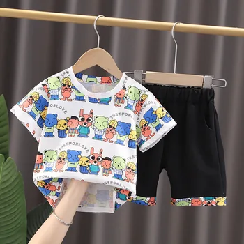 Летняя одежда для мальчиков, модная футболка с изображением мультяшных животных и граффити с короткими рукавами, джинсовые шорты, Комплект детской одежды со штанами