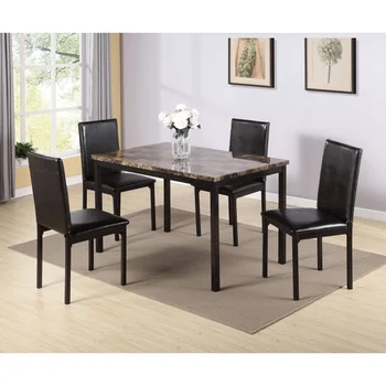 Металлический обеденный набор из 5 предметов со столешницей из искусственного мрамора - черный, обеденный набор, стол, 4 стула, подходит для ресторанов и гостиных