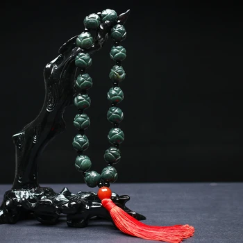 Натуральный Хотанский Нефритовый браслет с кисточкой в виде головы Будды, Мужские браслеты из натурального нефрита, Зеленые Нефриты, 18 бусин Лотоса, буддийские Браслеты-четки