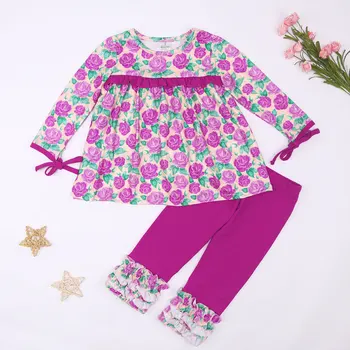 Новая одежда для маленьких девочек 2023 года, фиолетовые детские брюки с цветочным рисунком, кружевной комплект с длинными рукавами и бутиковым принтом, Красивые детские наряды