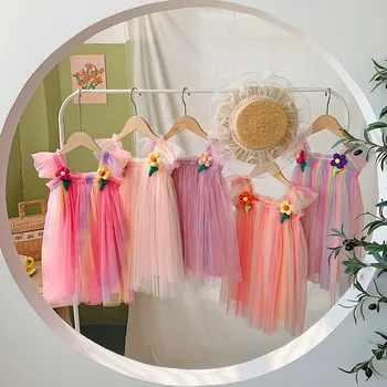 Новое летнее радужное платье для девочек, одежда для девочек с объемным цветочным развевающимся рукавом, детские платья с пышными цветами для девочек на свадьбу