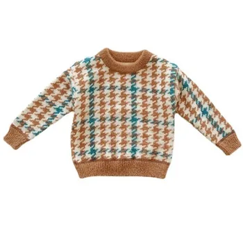 Осень-Зима Плюс Бархатный Теплый свитер, Вязаные свитера с решетчатым принтом для мальчиков, пуловер, Повседневная одежда для девочек, топы от 2 до 8 лет