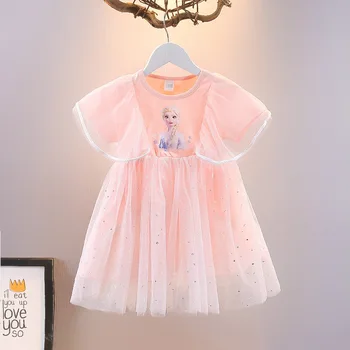 Платье принцессы Эльзы для девочек, Летнее кружевное платье с короткими рукавами и мультяшным принтом, Детские платья для дня рождения и свадьбы 3-7 лет