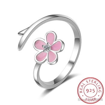 Регулируемое кольцо из стерлингового серебра 925 пробы с розовой эмалью и цветком, Открывающее кольцо с цирконием для женщин, подарок на День рождения, Изысканные ювелирные изделия BSR394