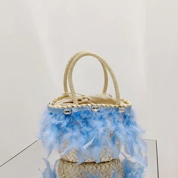 Роскошная дизайнерская женская сумка из соломы с бриллиантовыми перьями, повседневная пляжная сумка для летнего отдыха, маленькая сумка-тоут