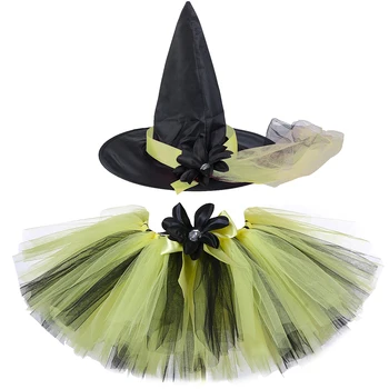 Юбка-пачка для девочек-ведьм со шляпой, черно-желтый Цветочный бант, юбки для девочек, тюлевая юбка-пачка для маленьких девочек, детские костюмы на Хэллоуин